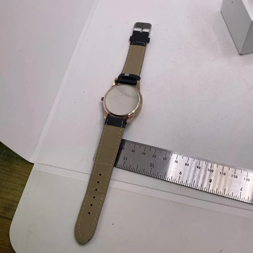 Womens Rose Gold Black Band Watch New Battery